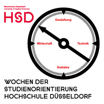 Kompass mit den Angaben "Wirtschaft", "Gestaltung", "Technik" und "Soziales" anstelle von Himmelrichtungen. Textlich: "Wochen der Studienorientierung Hochschule Düsseldorf"